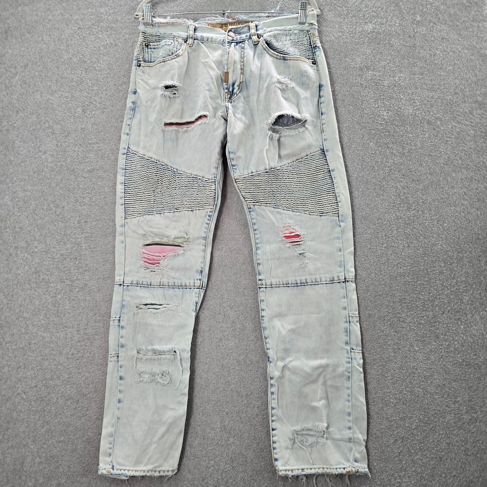 LRG Men Jeans 32 Light Blue‎ Denim True Tapered Biker Moto Logo Distressed Patch